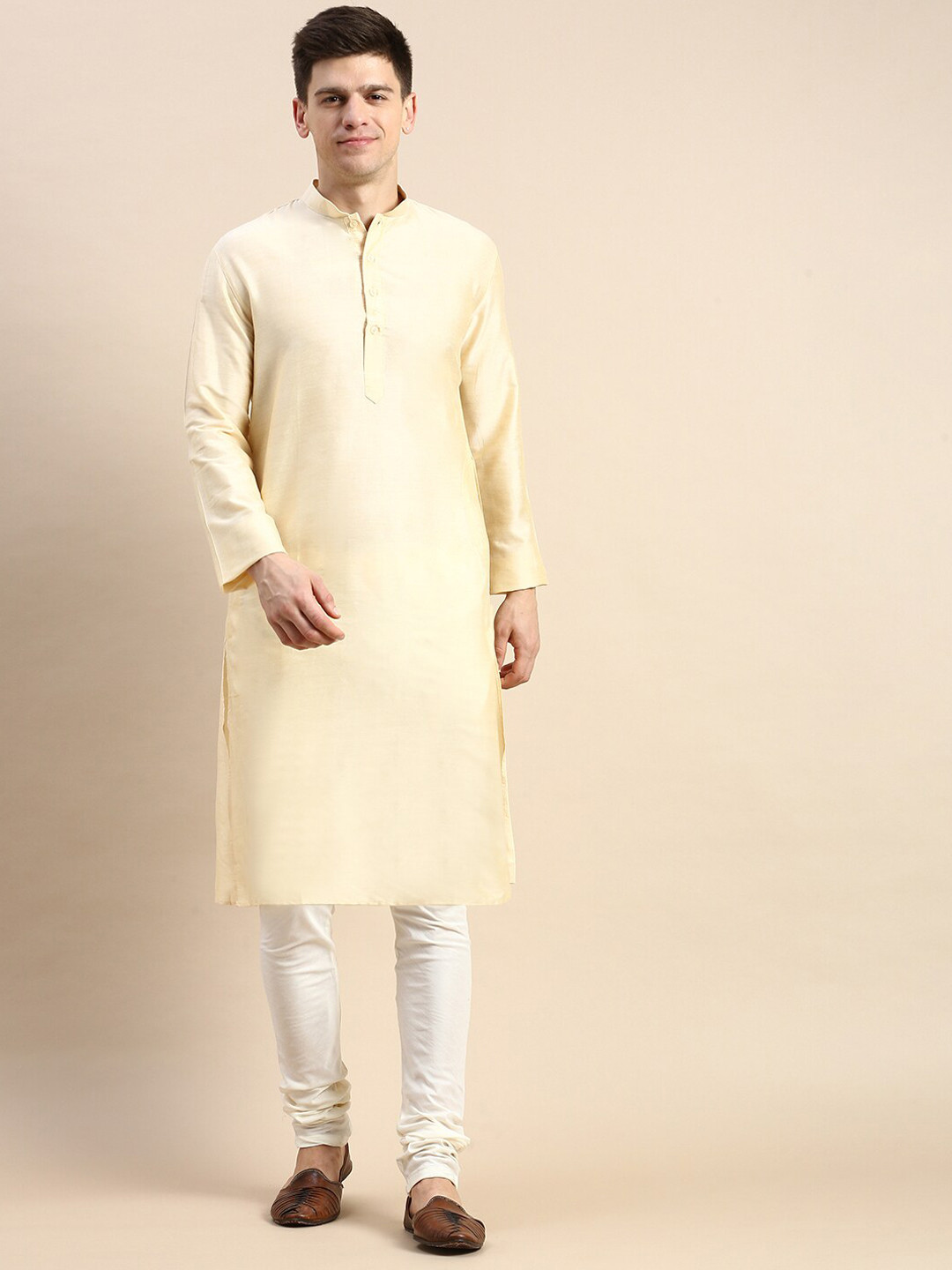 

Sanwara Mandarin Collar Straight Pure Cotton Kurta with Pyjamas, Beige