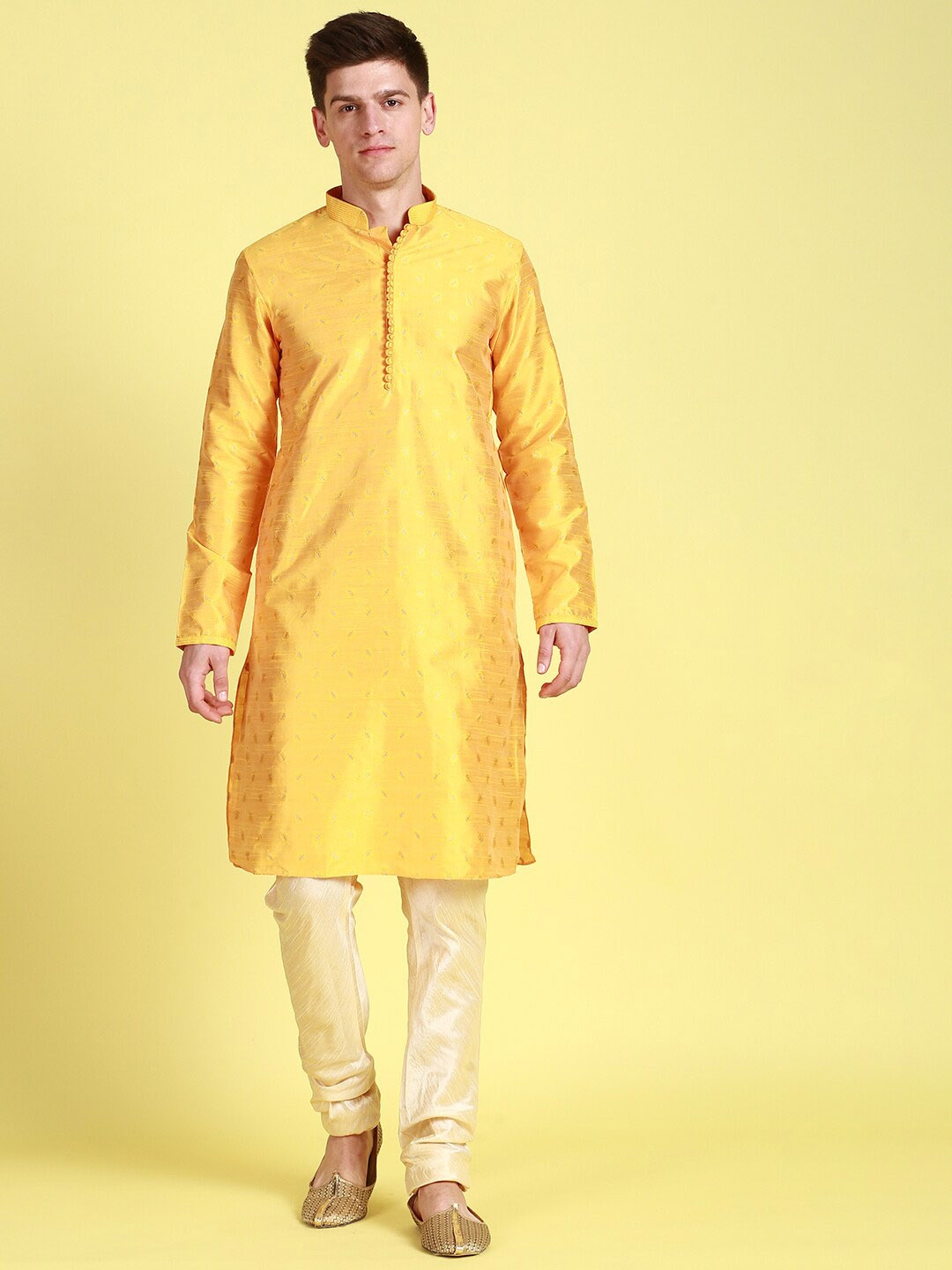 

Sanwara Woven Design Mandarin Collar Thread Work Kurta with Churidar, Yellow