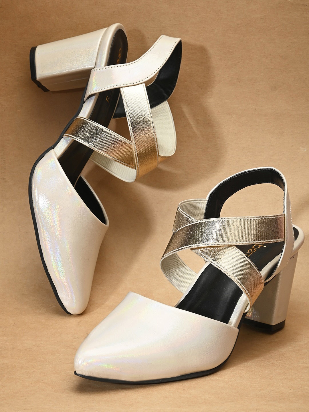 

DressBerry Cross Straps Block Heel Mules, Cream