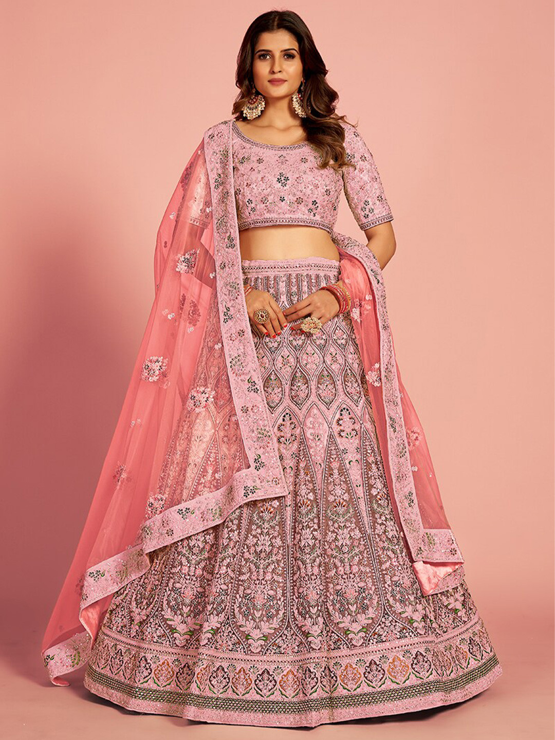 

Fusionic Embroidered Beads and Stones Semi-Stitched Lehenga & Unstitched Blouse With, Pink