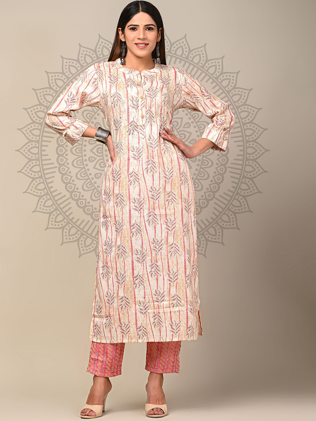 

DHRTI Floral Printed Sequins Straight Kurta With Trousers, Pink
