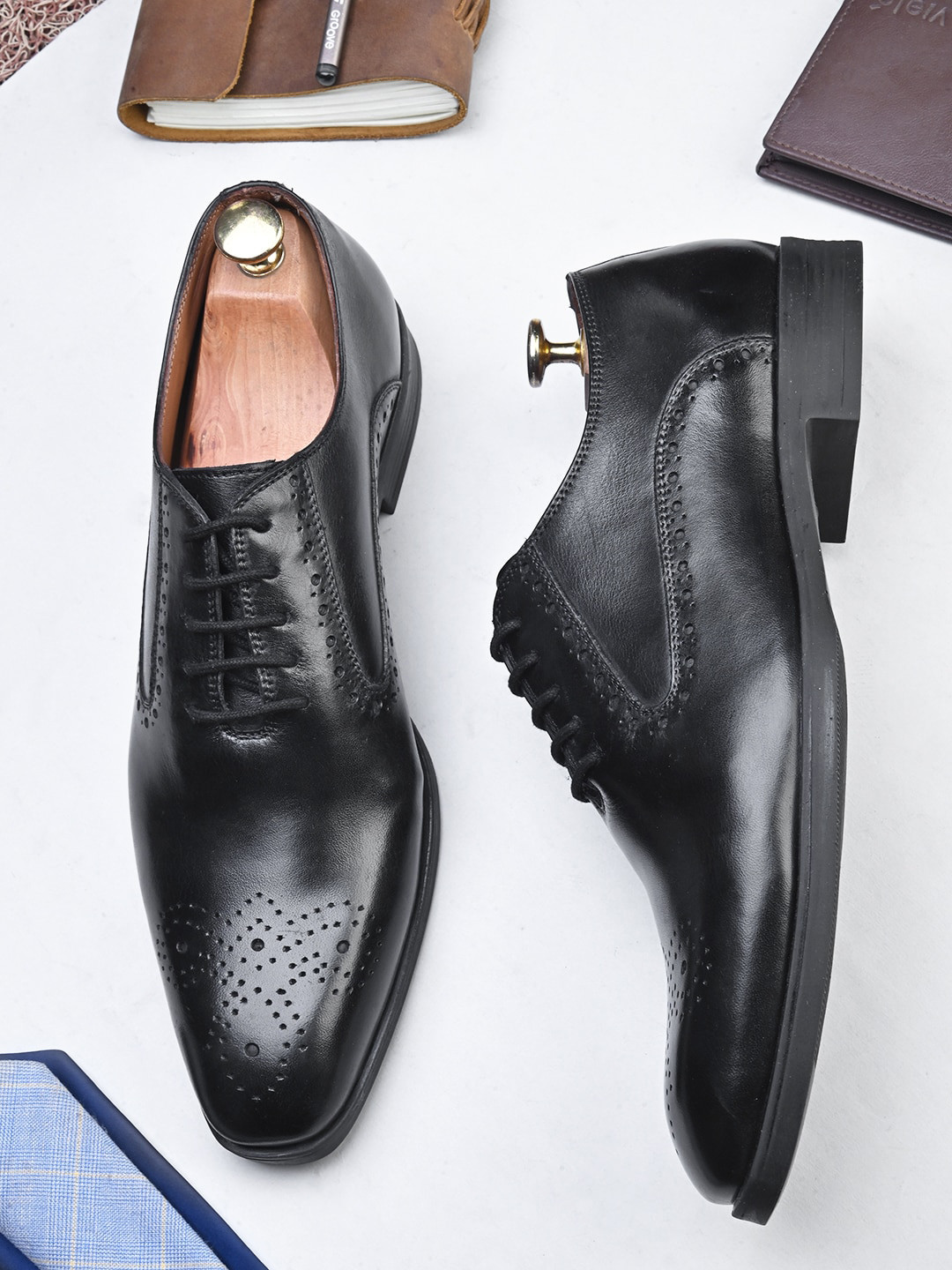 

House of Pataudi Men Genuine Leather Perforated Formal Brogues, Black