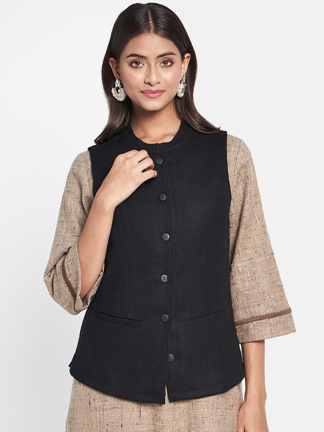 

Fabindia Women Mandarin Collar Sleeveless Woolen Tailored Jacket, Black