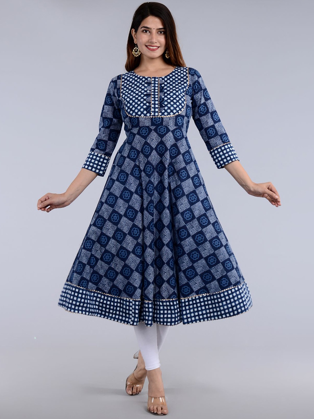 

Lovista Ethnic Motifs Printed Patchwork Block Print Anarkali Kurta, Navy blue