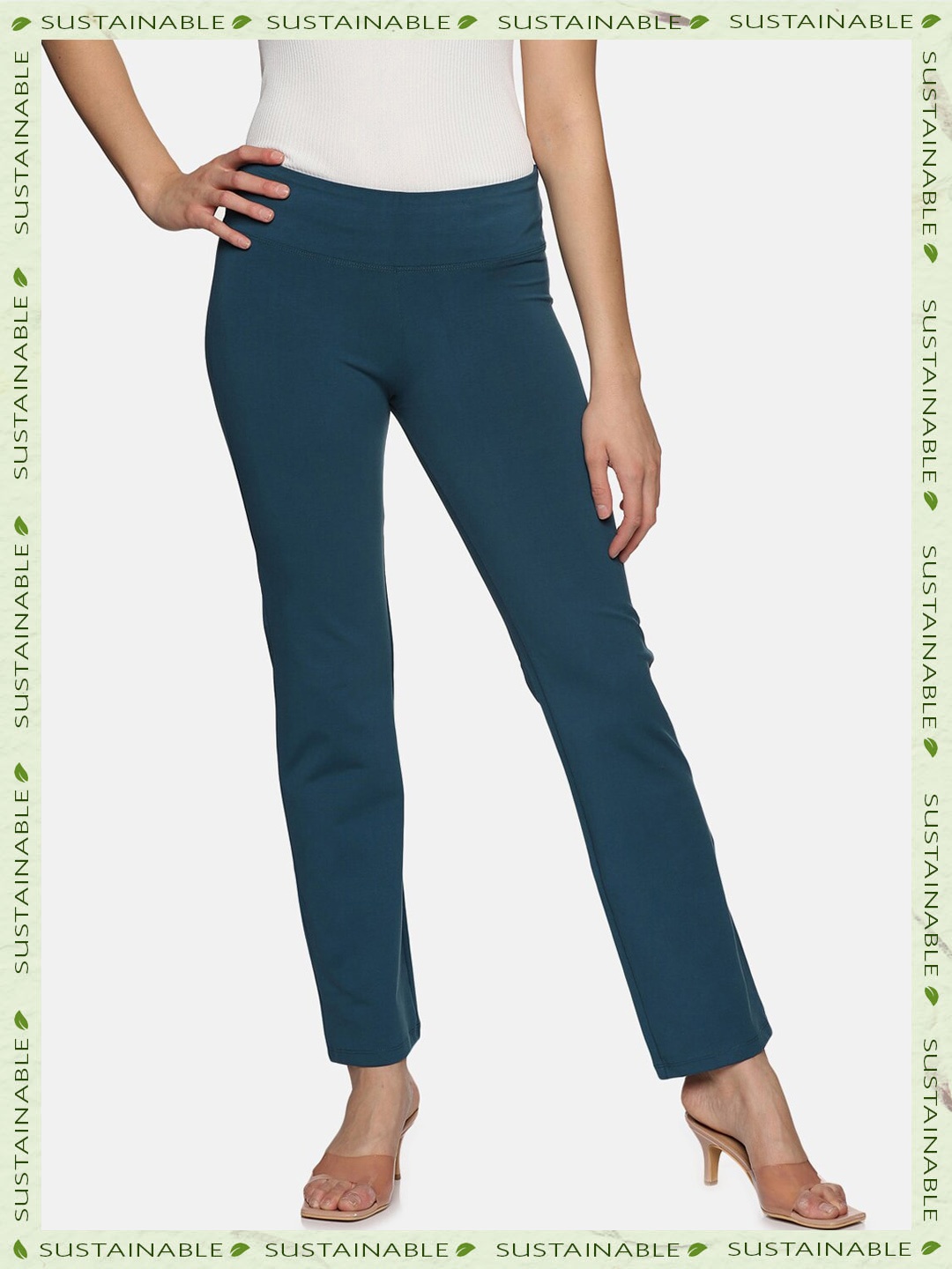 

HERE&NOW Women Cotton Mid-Rise Slip-On Relaxed Trousers, Teal