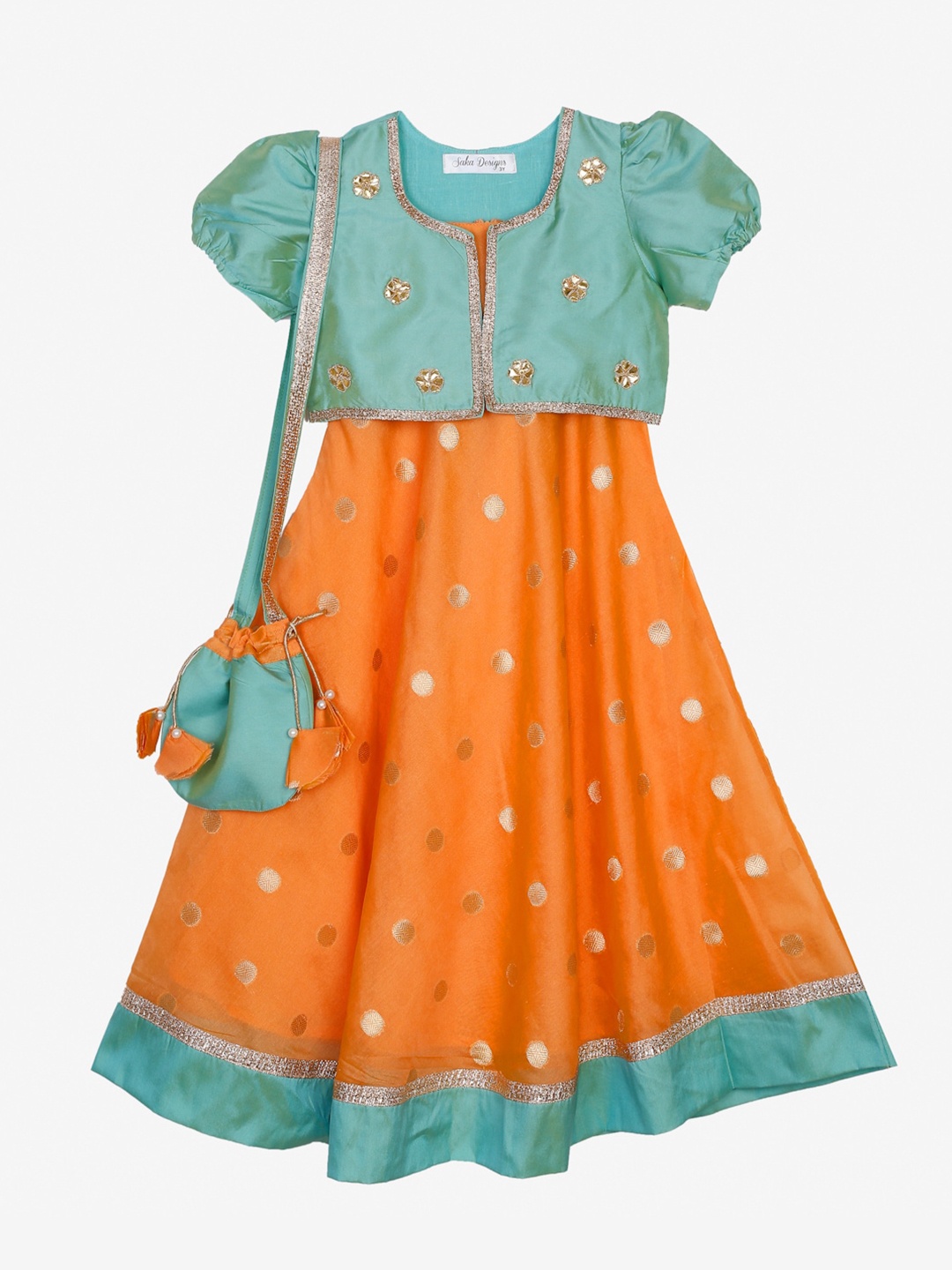 

SAKA DESIGNS Polka Dots Printed A-Line Maxi Ethnic Dress With Jacket, Orange