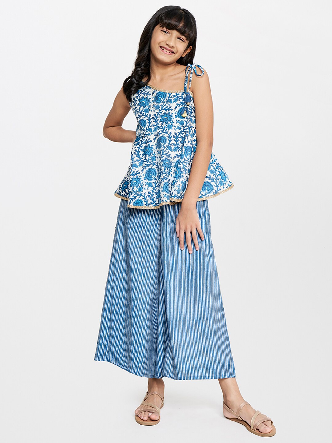 

Global Desi Girls Floral Printed Asymmetric Neck Top with Palazzos, Blue