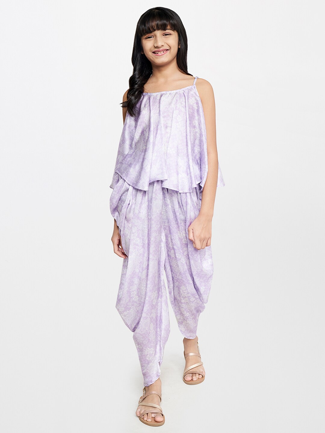 

Global Desi Girls Floral Dyed Printed Top with Dhoti Pants, Purple