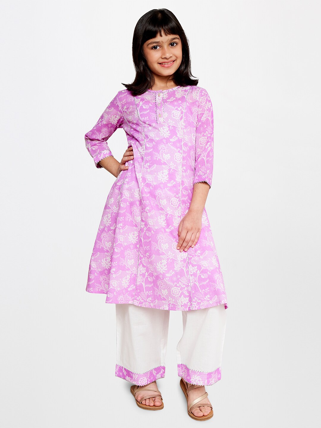 

Global Desi Girls Printed Pure Cotton Kurta & Palazzos, Pink