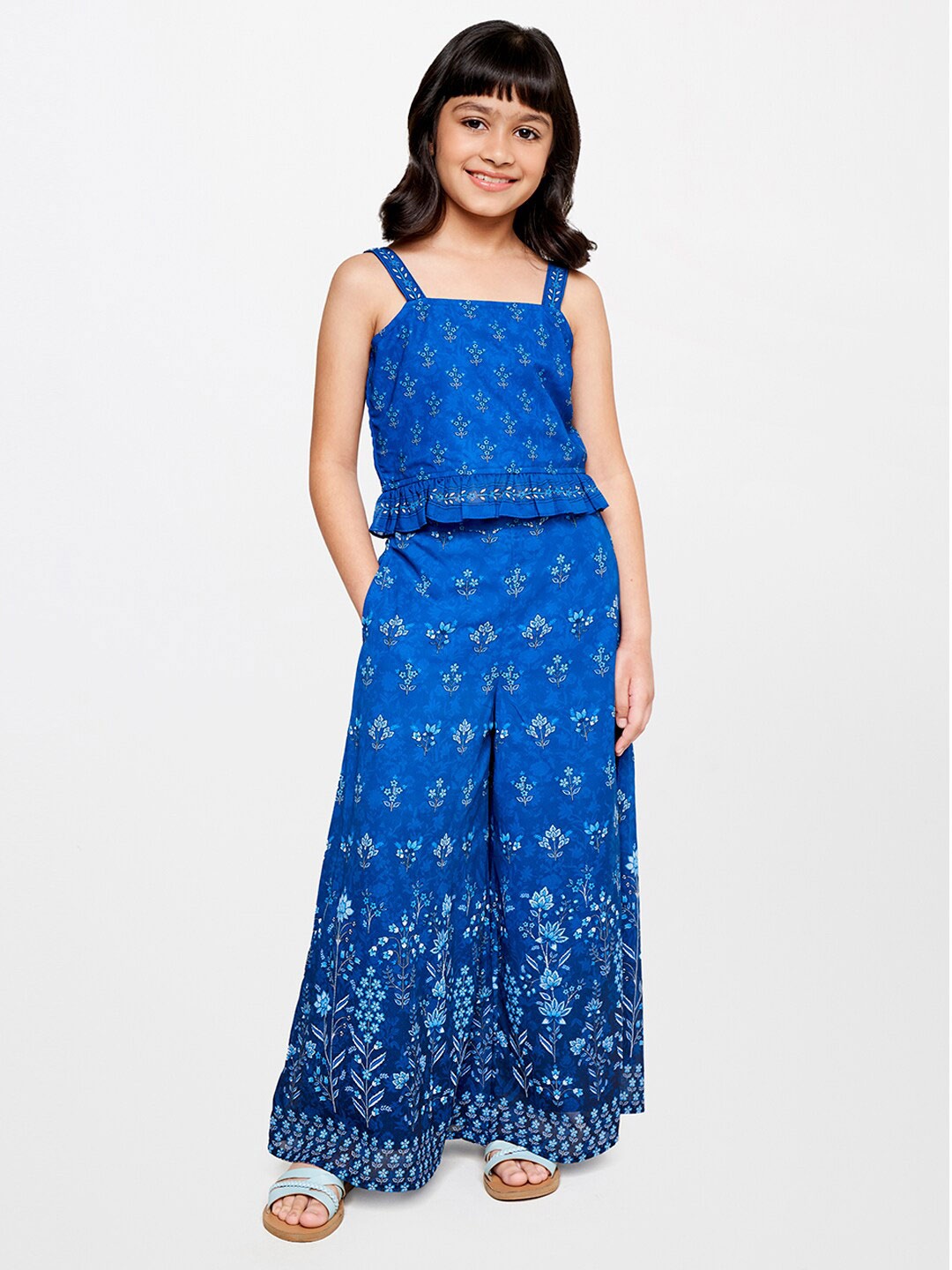 

Global Desi Girls Printed Top with Palazzos, Blue