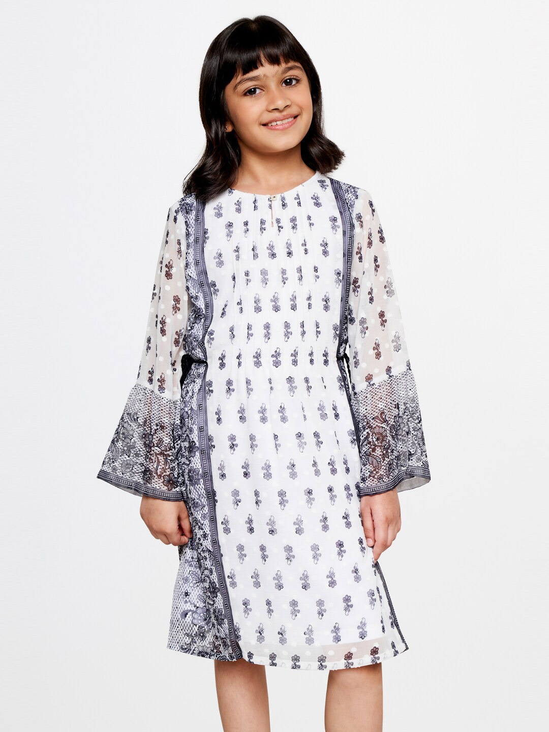 

Global Desi Girls Floral Printed Flared Sleeves A-Line Dress, White