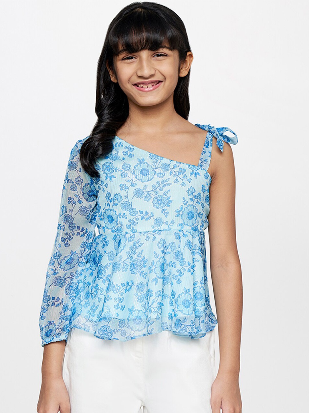 

Global Desi Girls Printed Floral One Shoulder Peplum Top, Blue