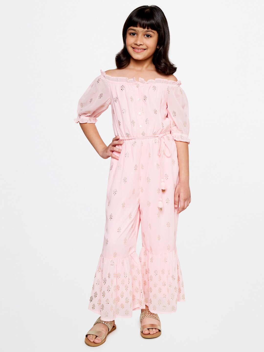 

Global Desi Girls Off-Shoulder Embellished With Waist Tie-Ups Basic Jumpsuit, Pink