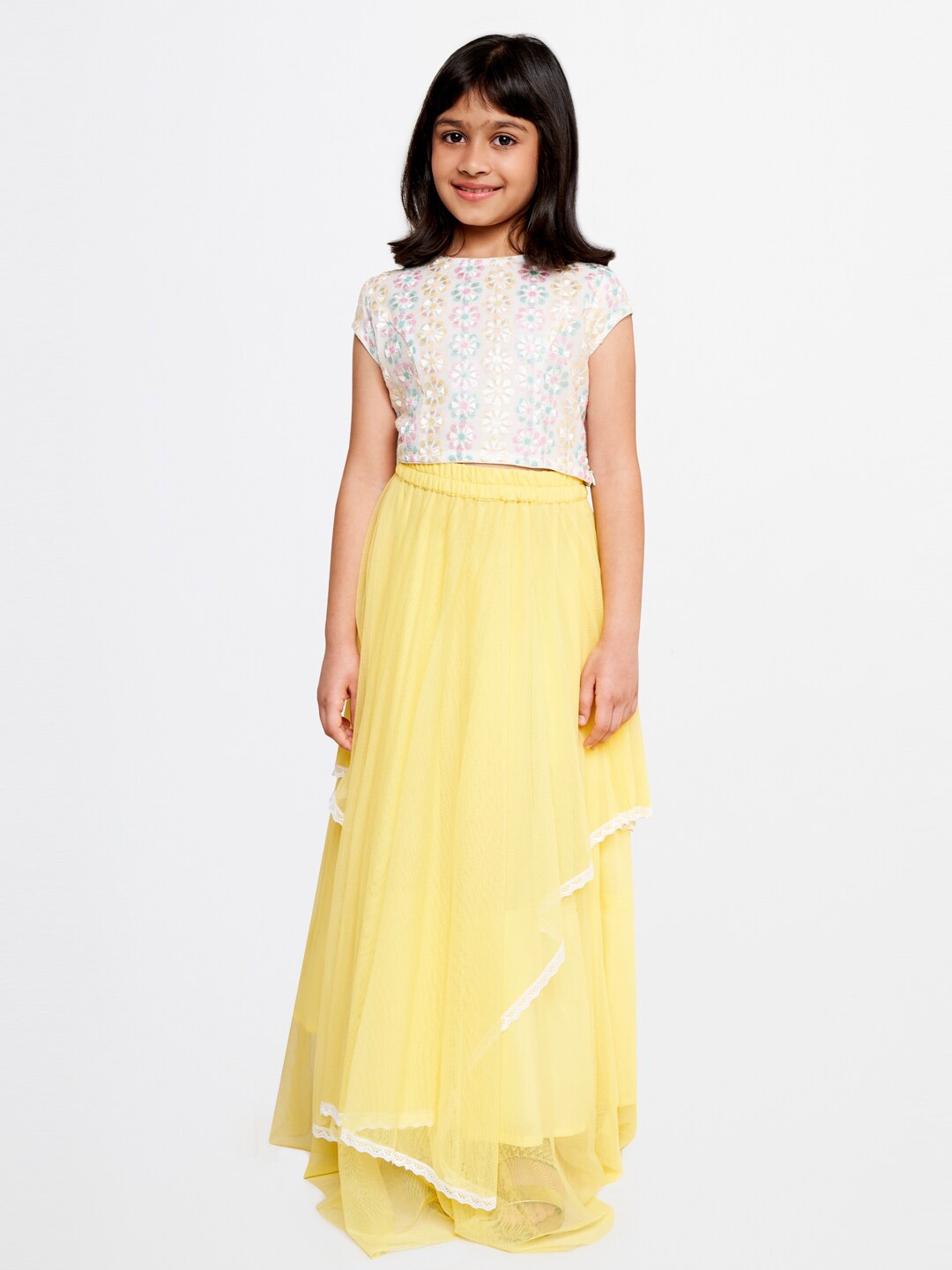 

Global Desi Girls Printed Top with Skirt, Yellow