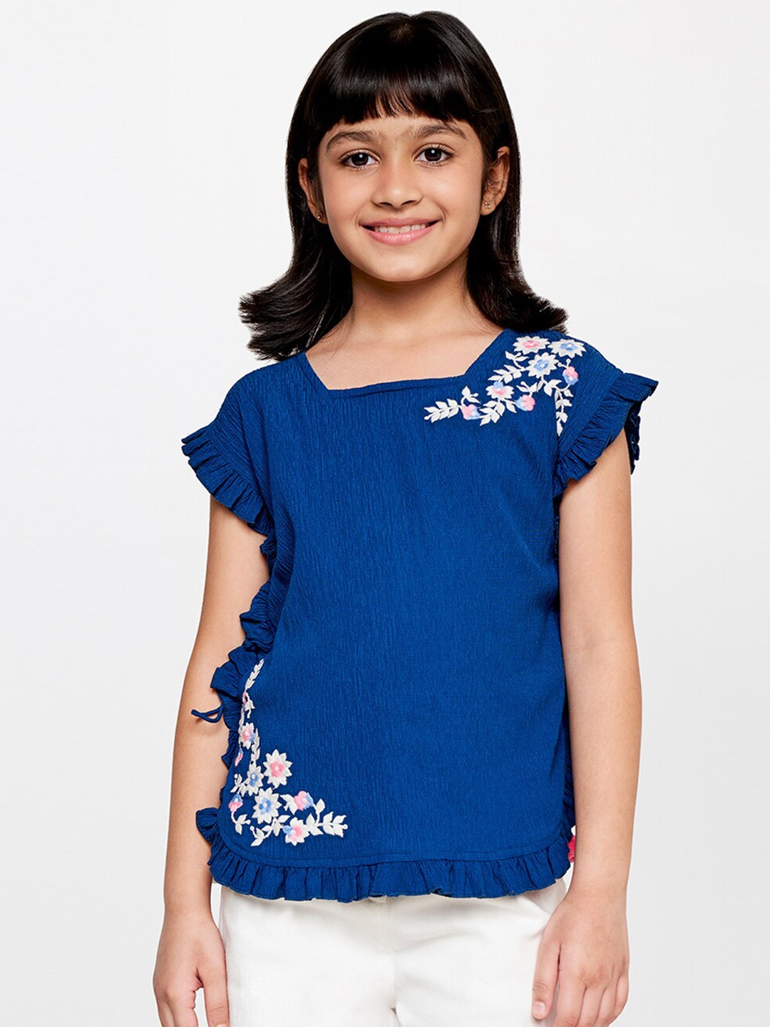 

Global Desi Girls Floral Embroidered Top, Navy blue