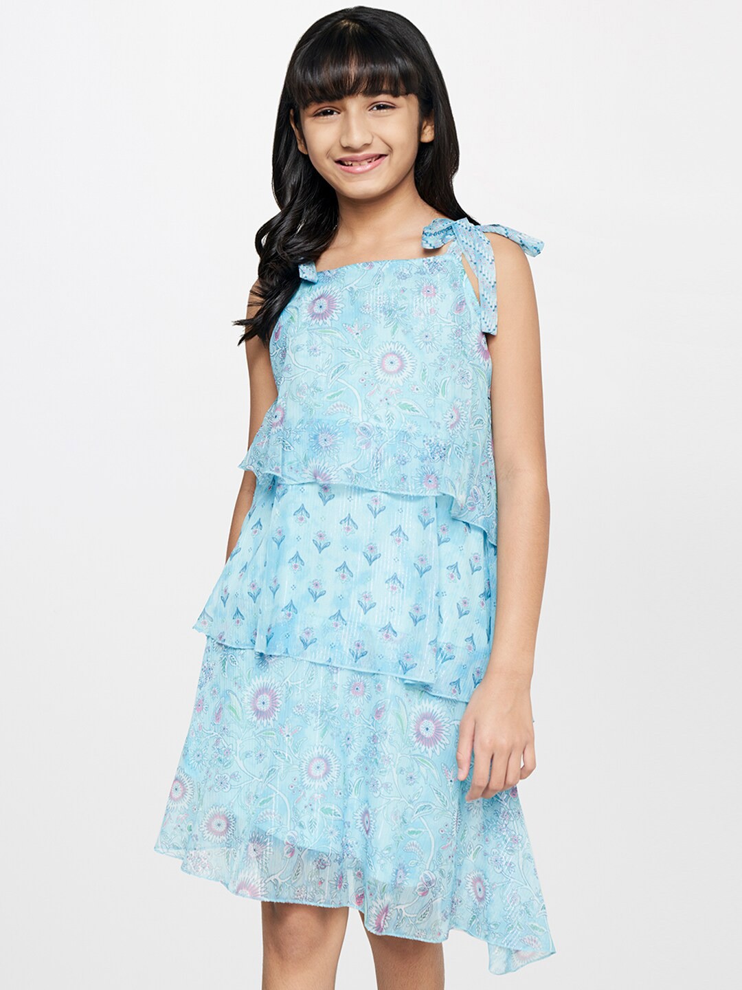 

Global Desi Girls Floral Printed Layered A-Line Dress, Blue