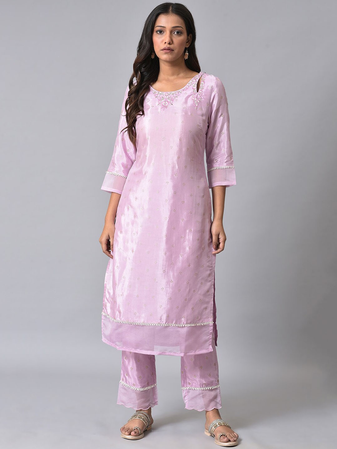 

W Ethnic Motifs Printed Thread Work Straight Kurta With Trousers, Lavender