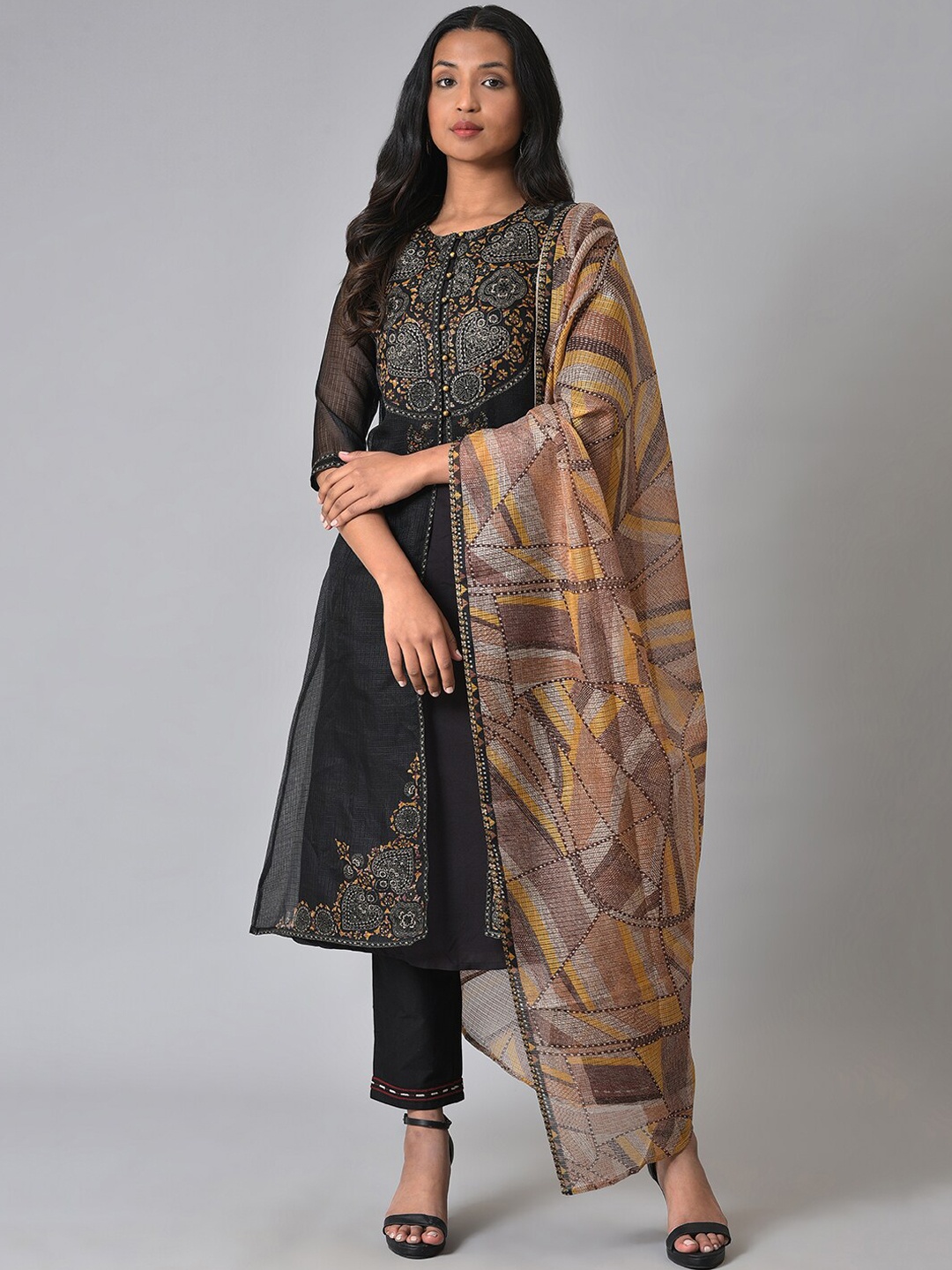 

W Layered Ethnic Motifs Printed Straight Kurta with Trousers & Dupatta, Black