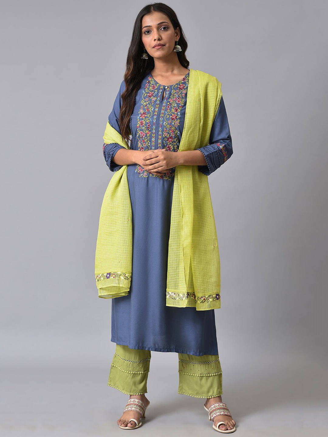 

W Floral Thread Work Straight Kurta with Trousers & Dupatta, Blue