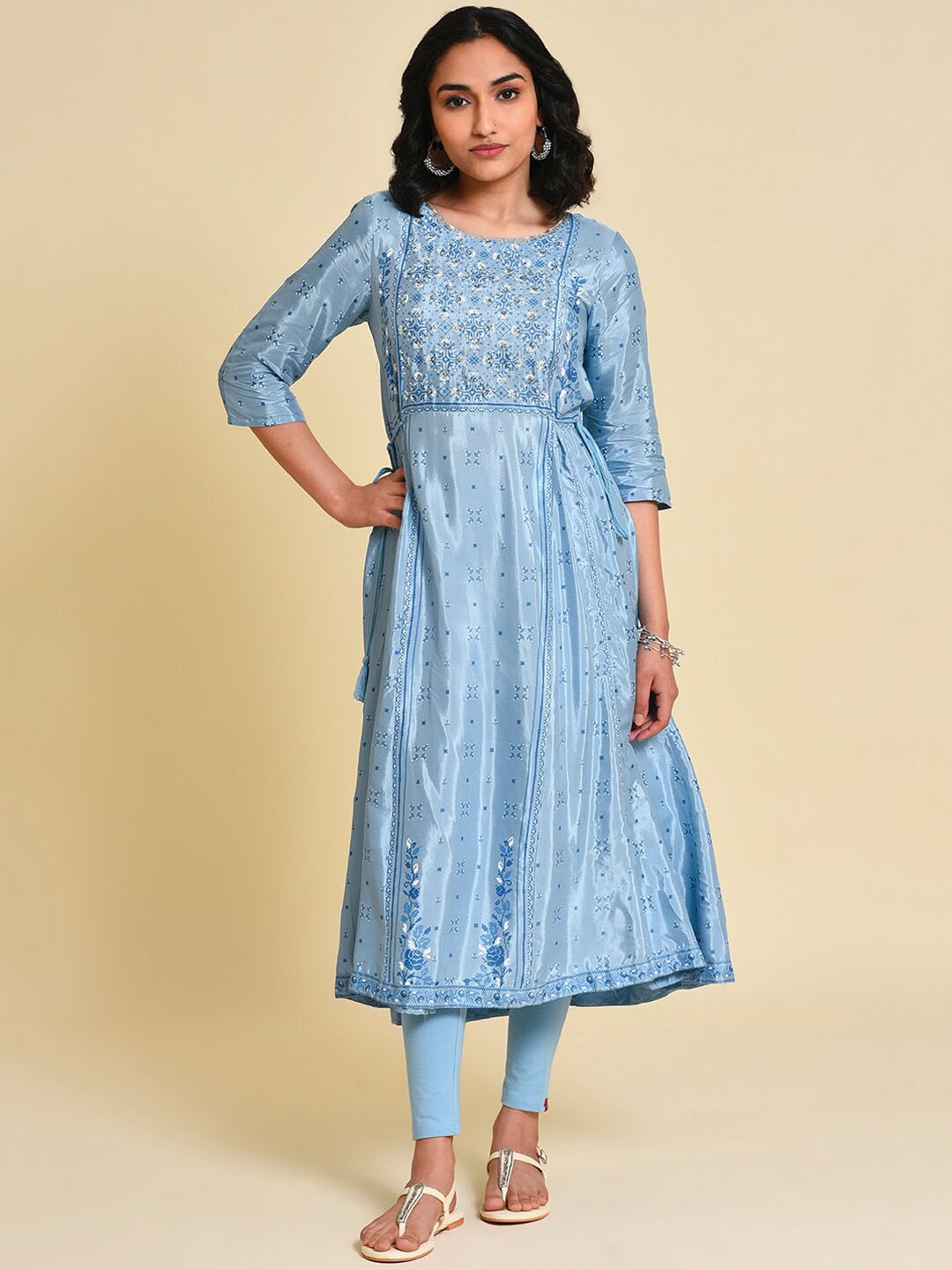 

W Ethnic Motifs Floral Printed Sequinned A-Line Kurta With Leggings, Blue