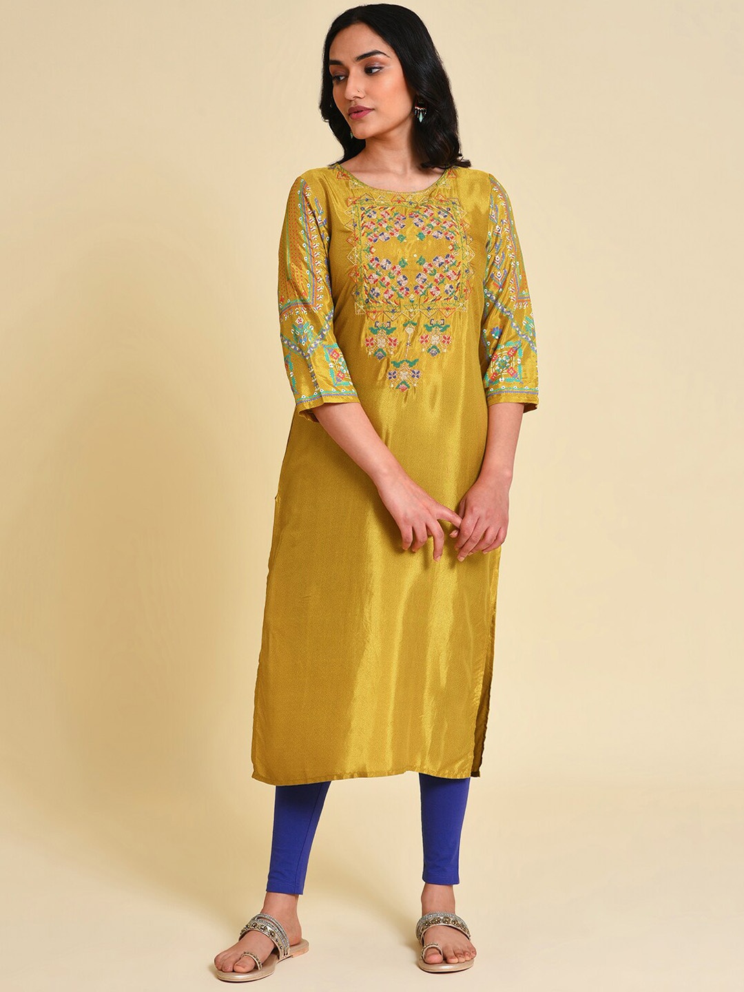 

W Ethnic Motifs Embroidered Straight Kurta With Leggings, Yellow