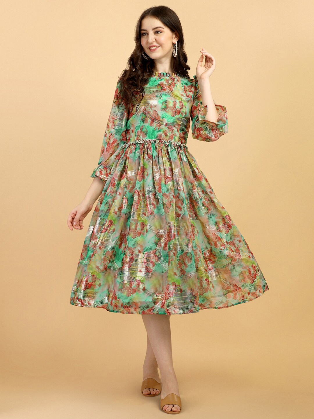 

Vidraa Western Store High Neck Floral Jacquard Midi Dress, Green