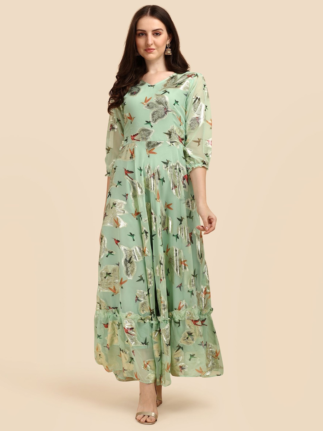 

Vidraa Western Store V-Neck Floral Jacquard Maxi Dress, Green