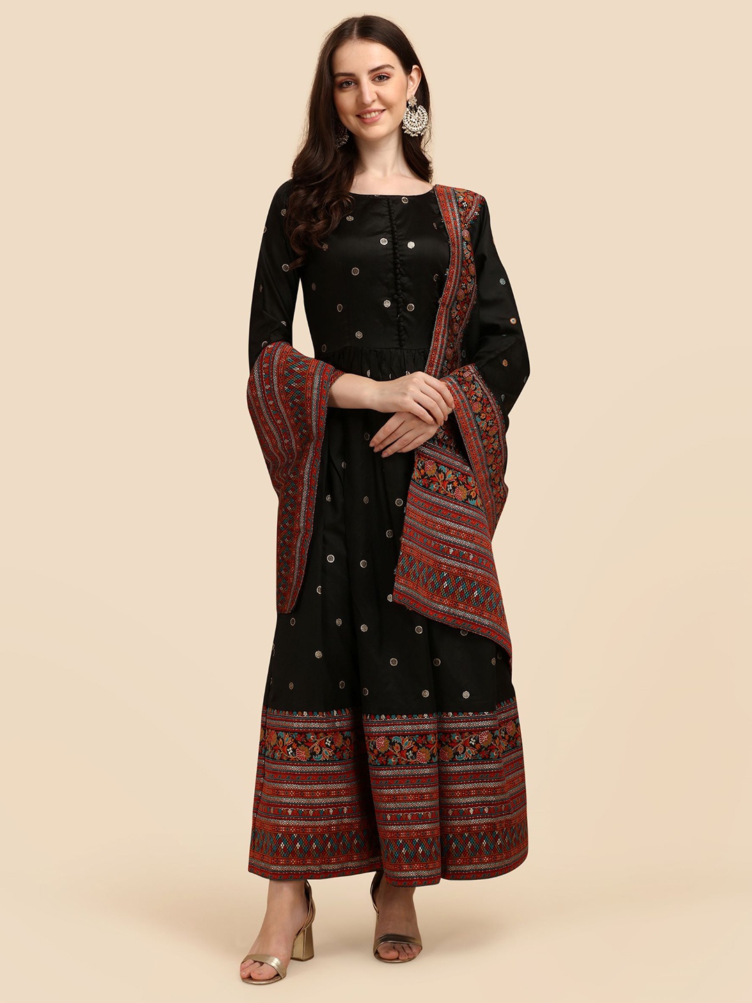 

Vidraa Western Store Floral Printed Ethnic Fit & Flare Maxi Dress With Dupatta, Black