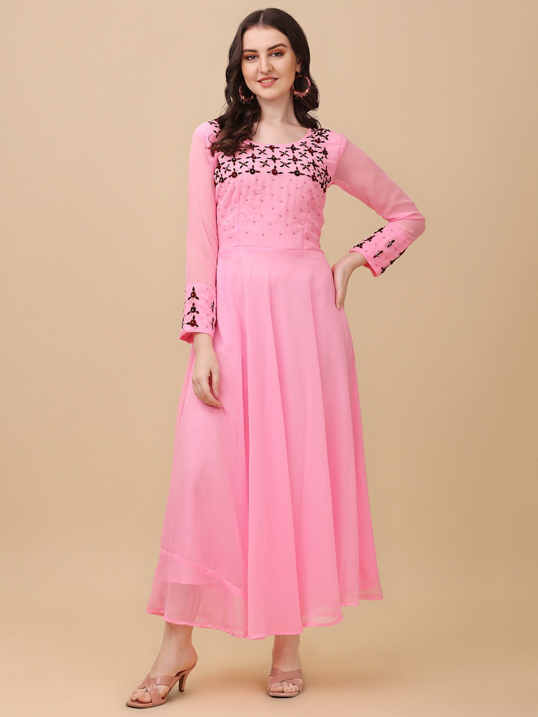 

Vidraa Western Store Floral Embroidered Fit & Flare Maxi Dress, Pink