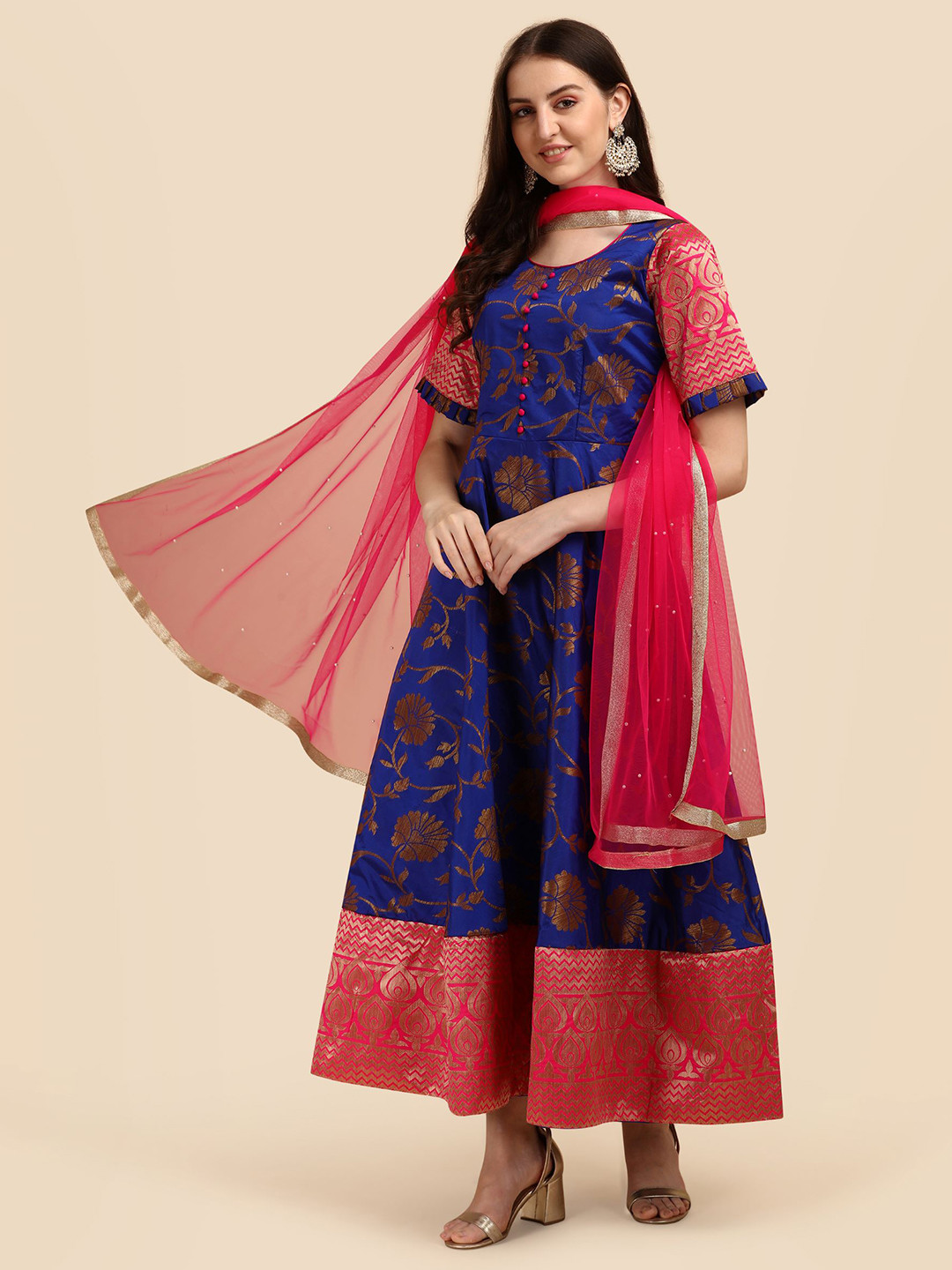 

Vidraa Western Store Floral Round Neck Jacquard A-Line Ethnic Dresses With Dupatta, Blue