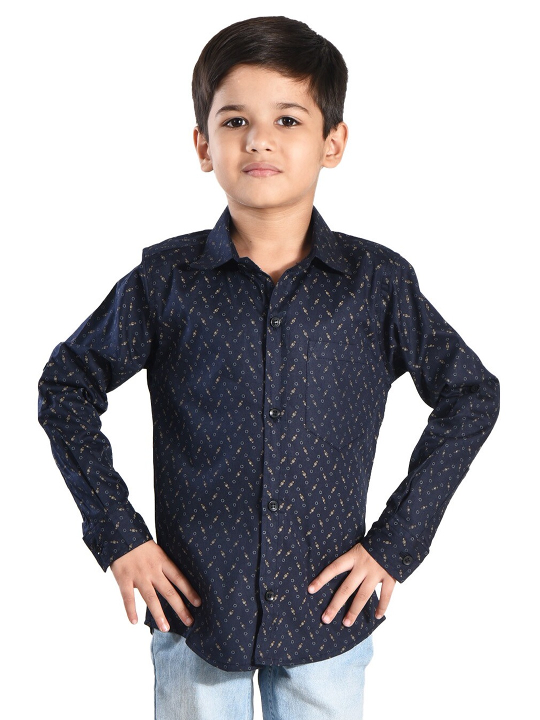 

POMY & JINNY Boys Comfort Slim Fit Micro Ditsy Printed Cotton Casual Shirt, Navy blue