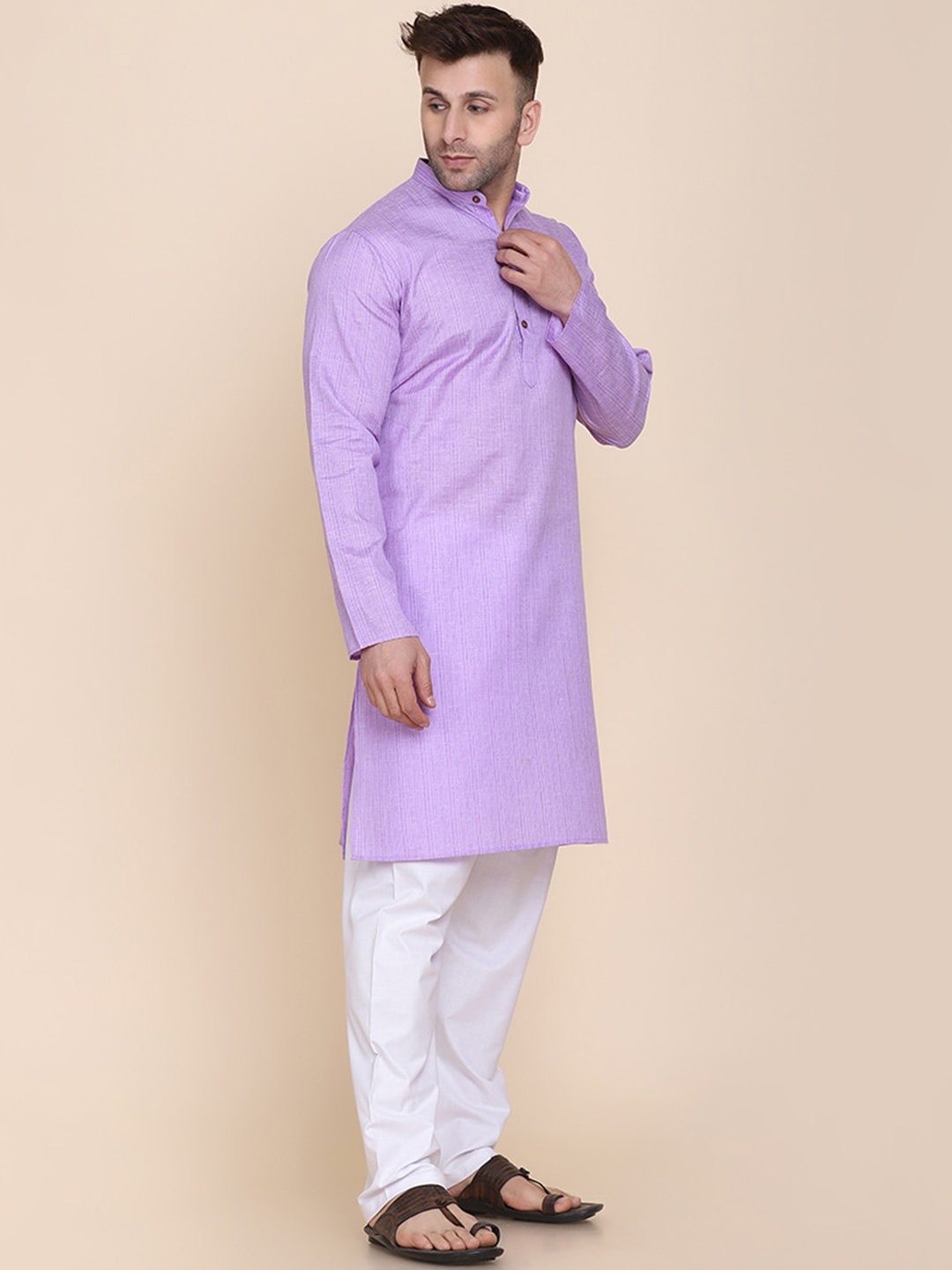 

TAHVO Mandarin Collar Straight Cotton Kurta, Violet