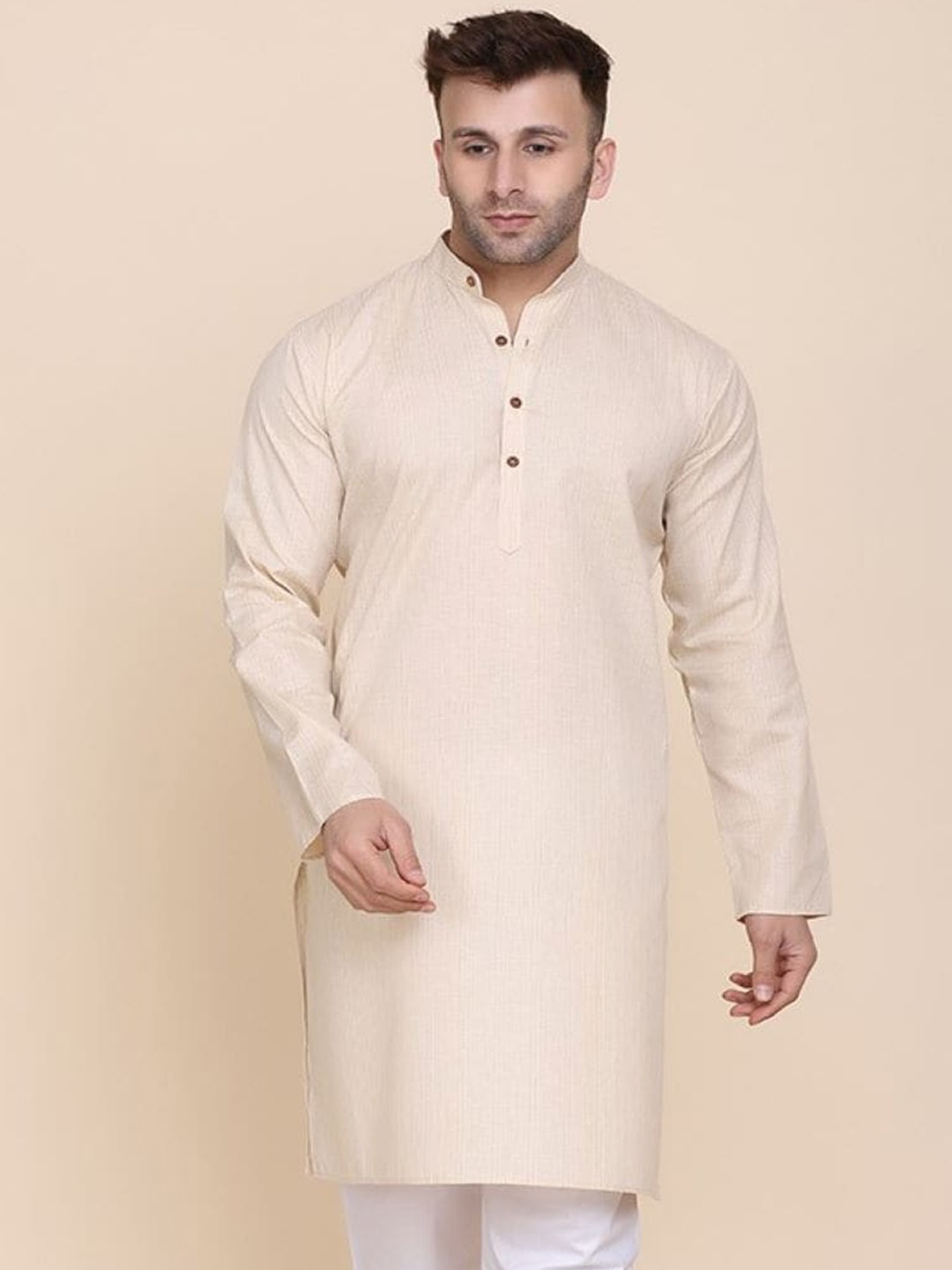 

TAHVO Mandarin Collar Straight Cotton Kurta, Beige