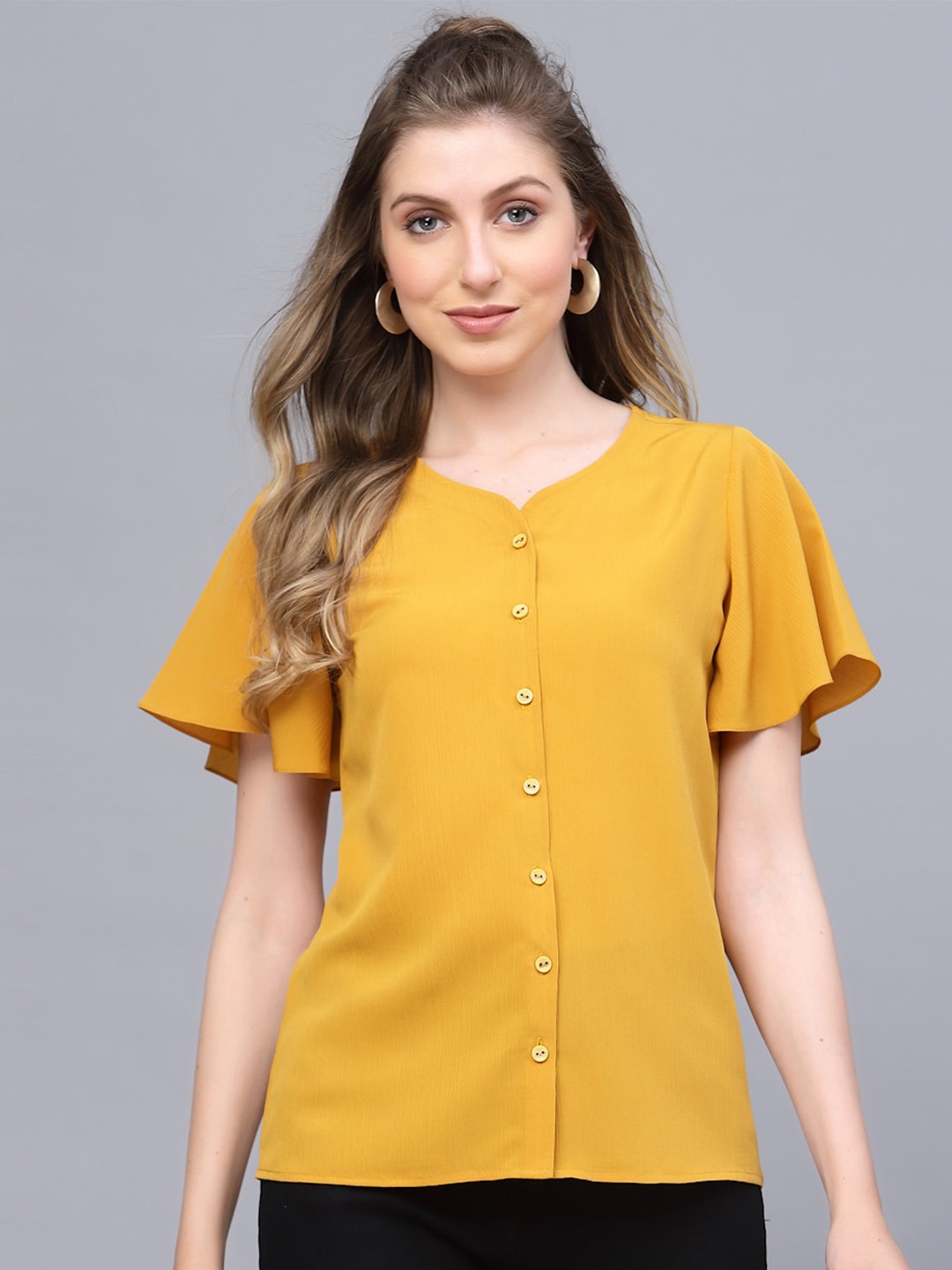 

Selvia Round Neck Flared Sleeves Shirt Style Top, Yellow