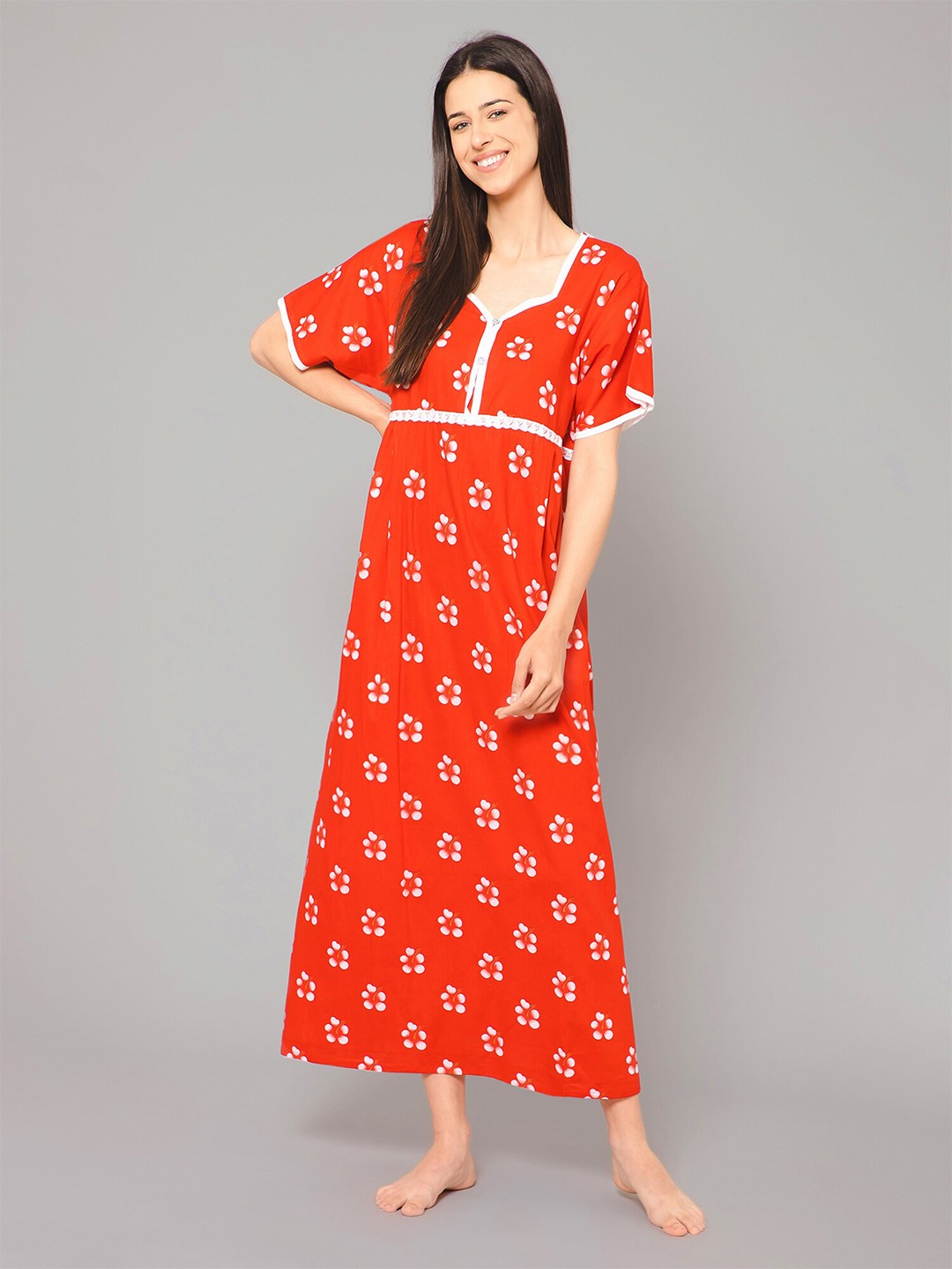 

Winza Designer Floral Printed Pure Cotton Maxi Nightdress, Red