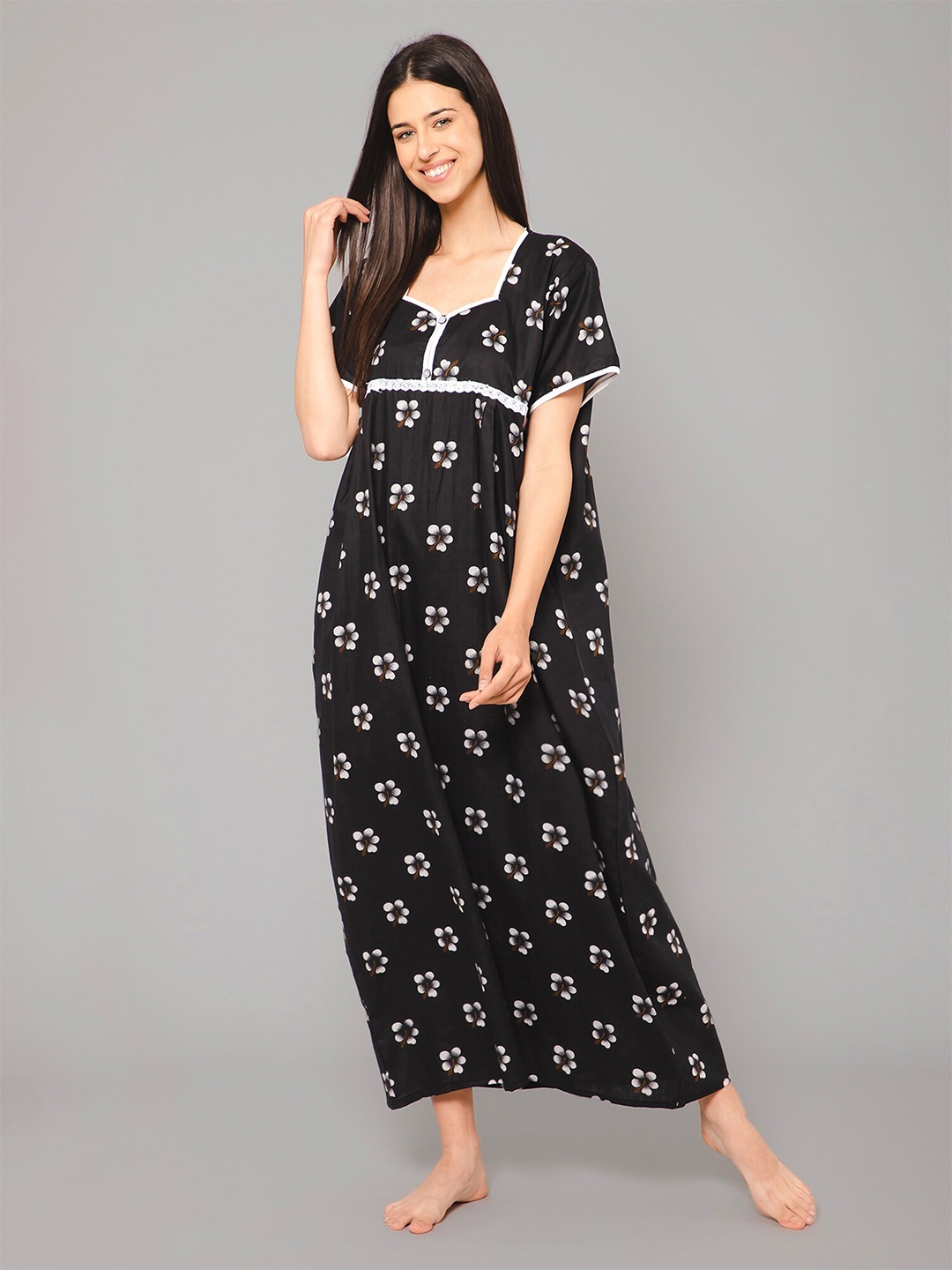 

Winza Designer Floral Printed Pure Cotton Maxi Nightdress, Black