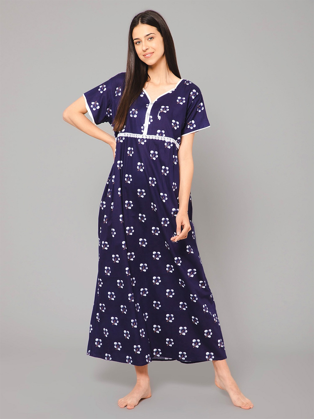 

Winza Designer Floral Printed Pure Cotton Maxi Nightdress, Navy blue