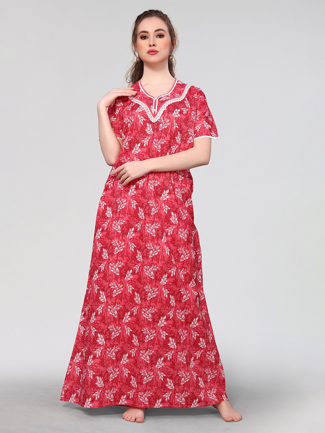 

Winza Designer Floral Printed Pure Cotton Maxi Nightdress, Red
