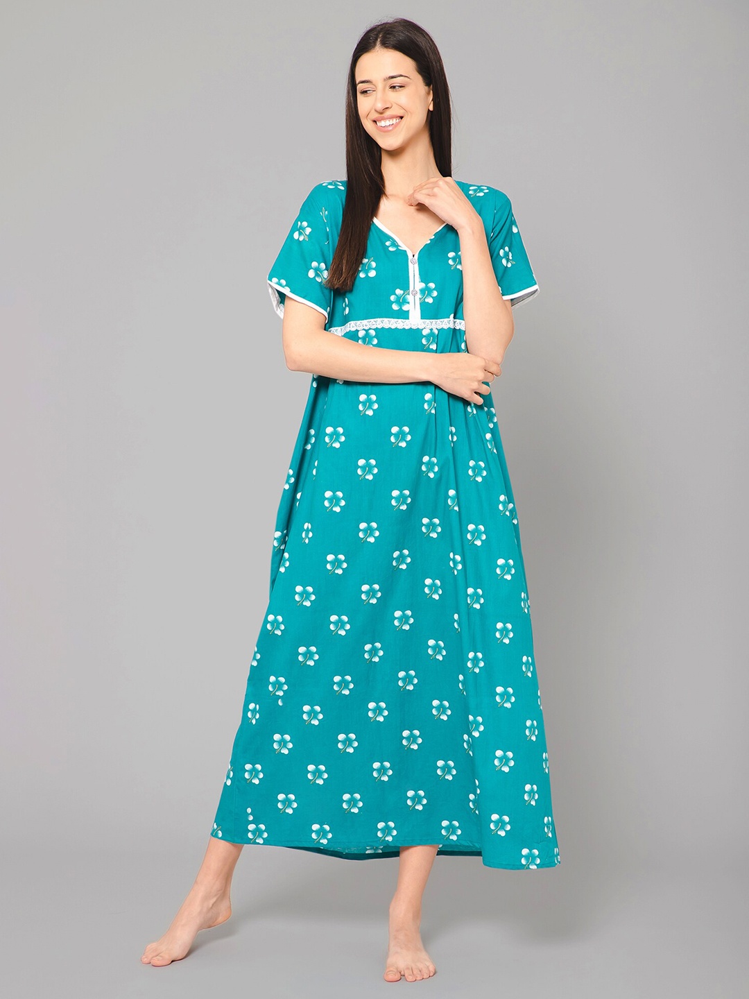 

Winza Designer Floral Printed Pure Cotton Maxi Nightdress, Teal
