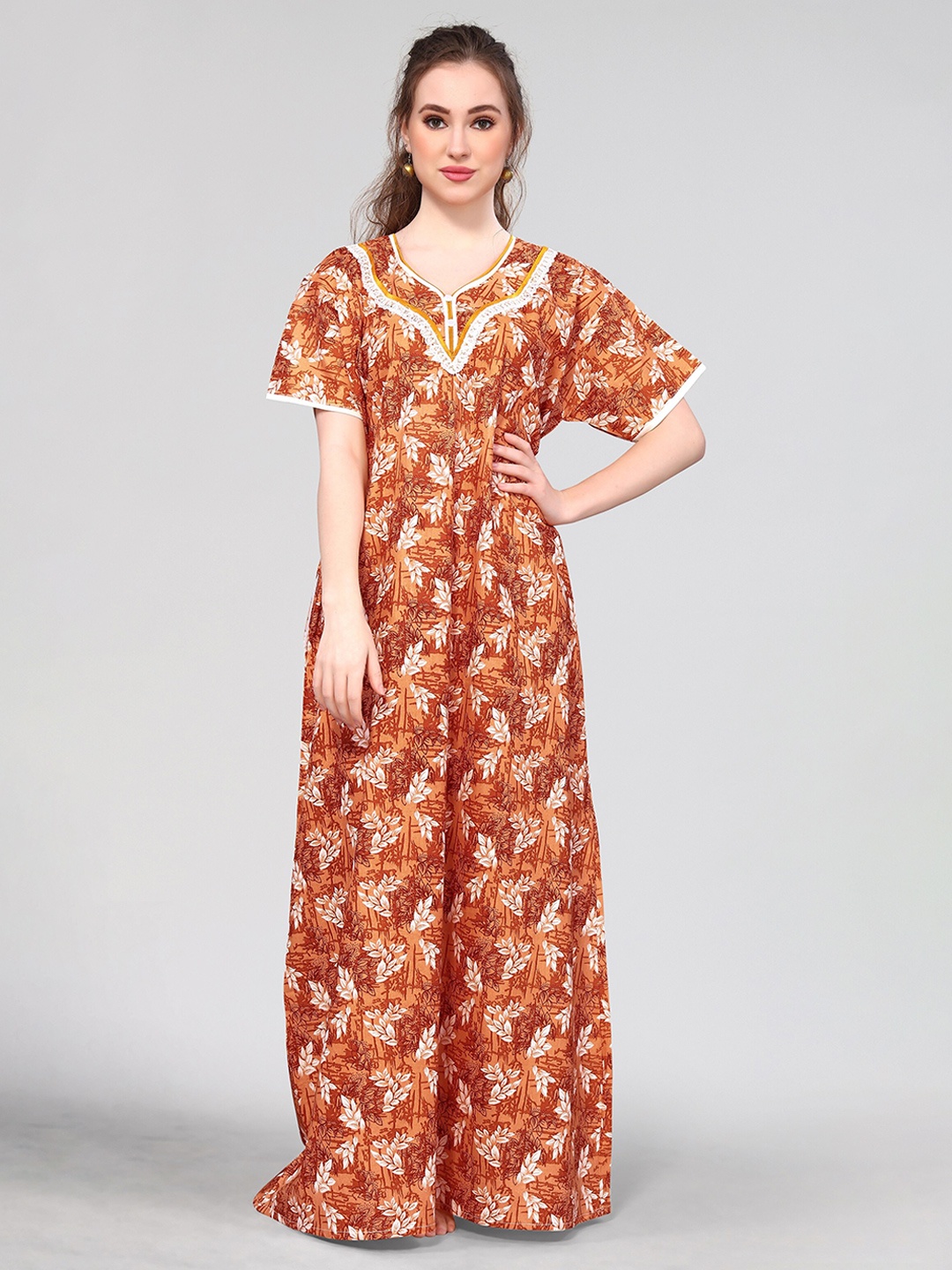 Winza Designer Floral Printed Pure Cotton Maxi Nightdress, Brown