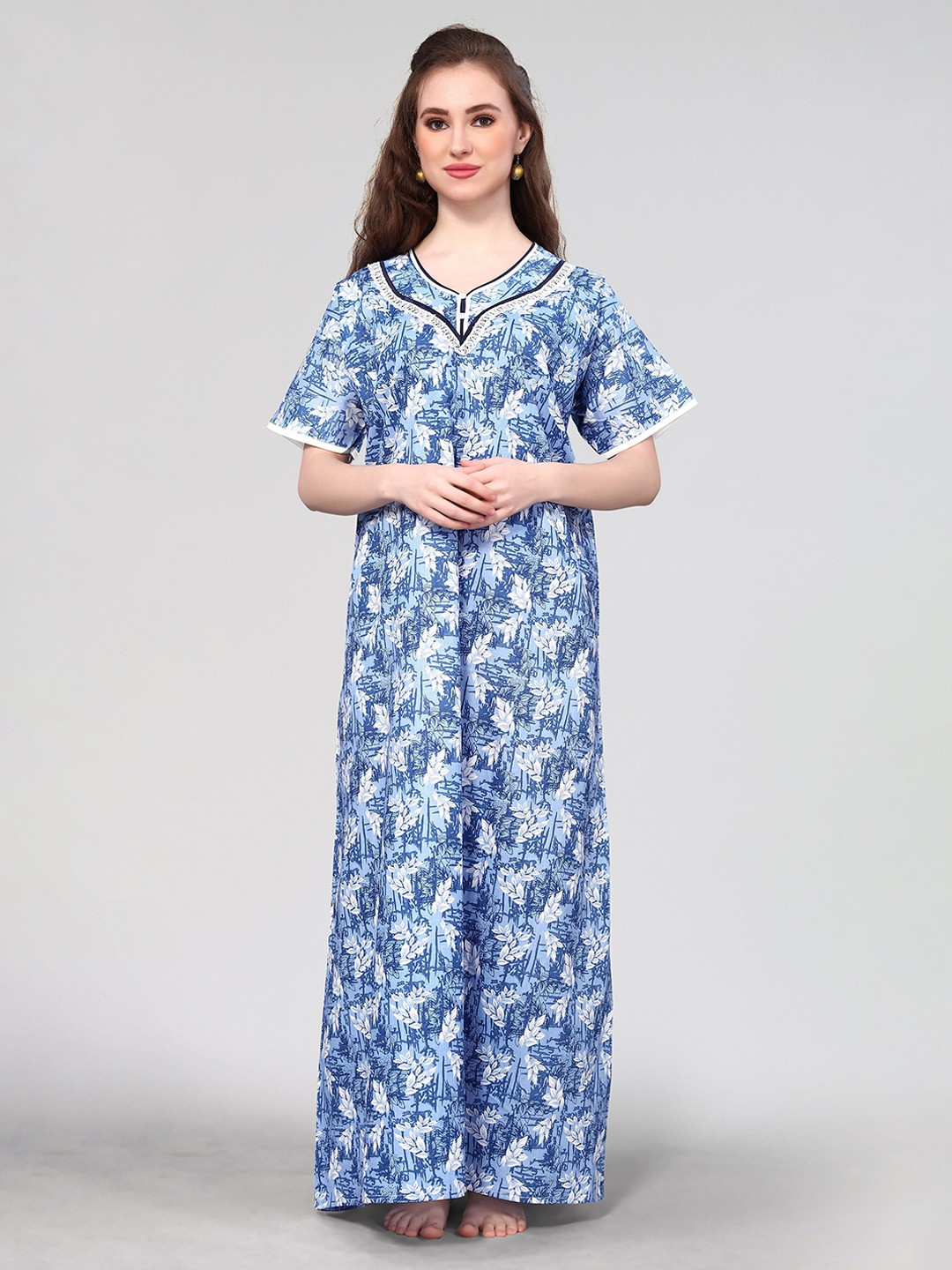 

Winza Designer Floral Printed Pure Cotton Maxi Nightdress, Blue