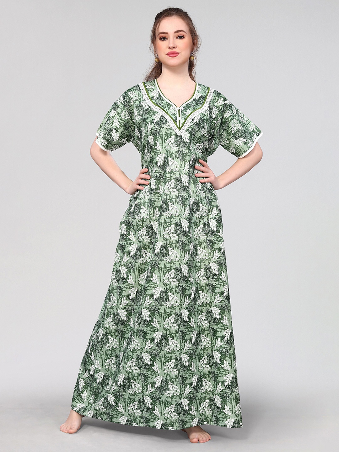 

Winza Designer Floral Printed Pure Cotton Maxi Nightdress, Green
