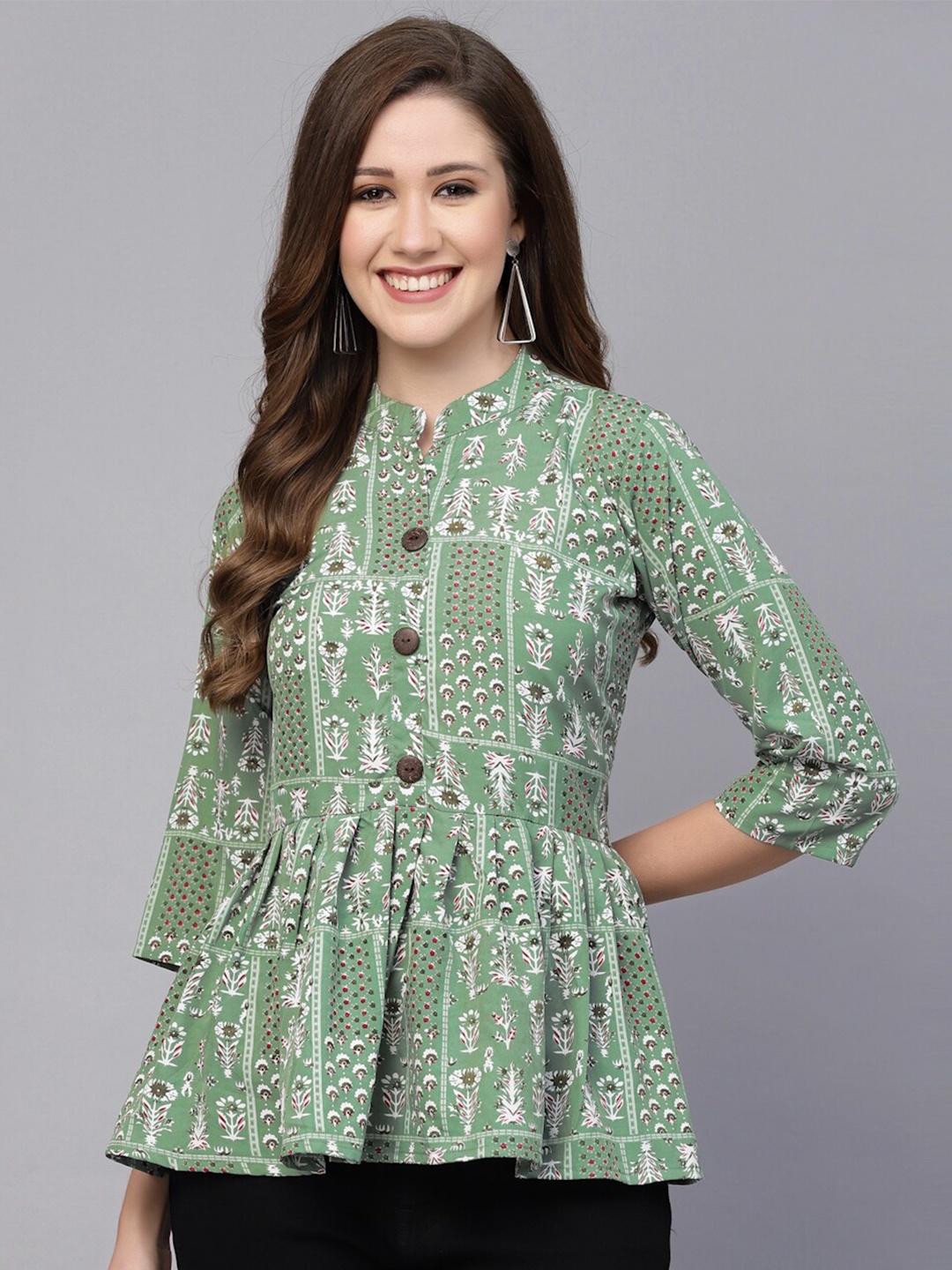 

Selvia Print Mandarin Collar Crepe Peplum Top, Green