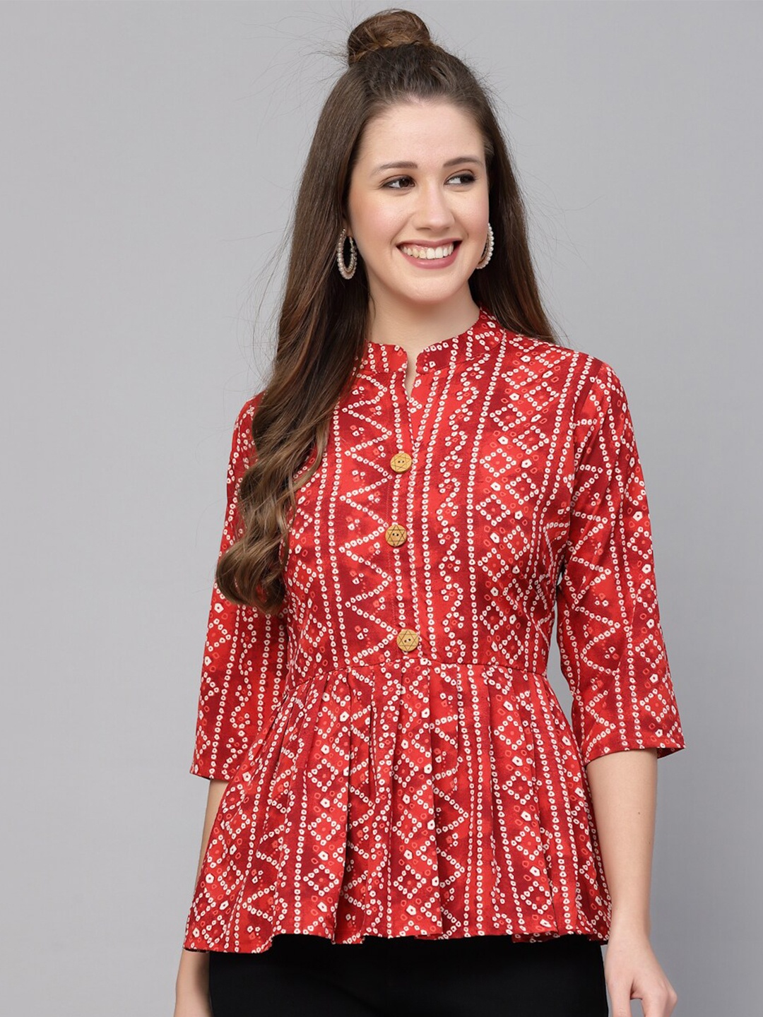 

Selvia Print Mandarin Collar Crepe A-Line Top, Red