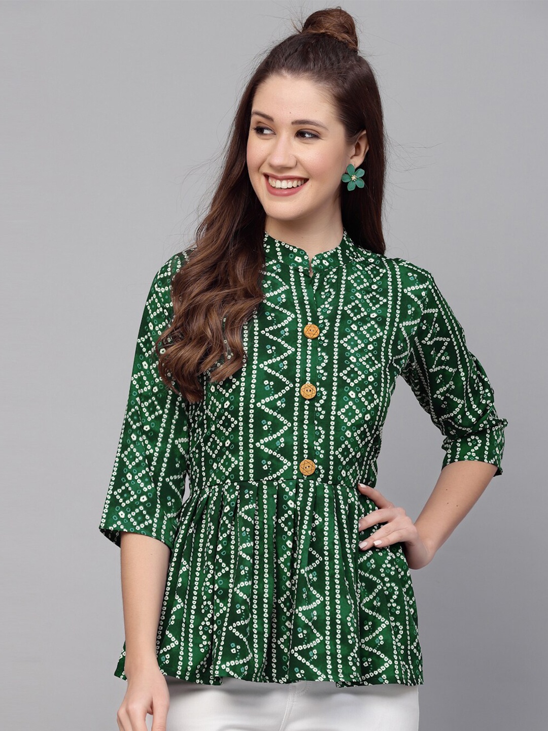 

Selvia Bandhani Printed Mandarin Collar Crepe A-Line Top, Green