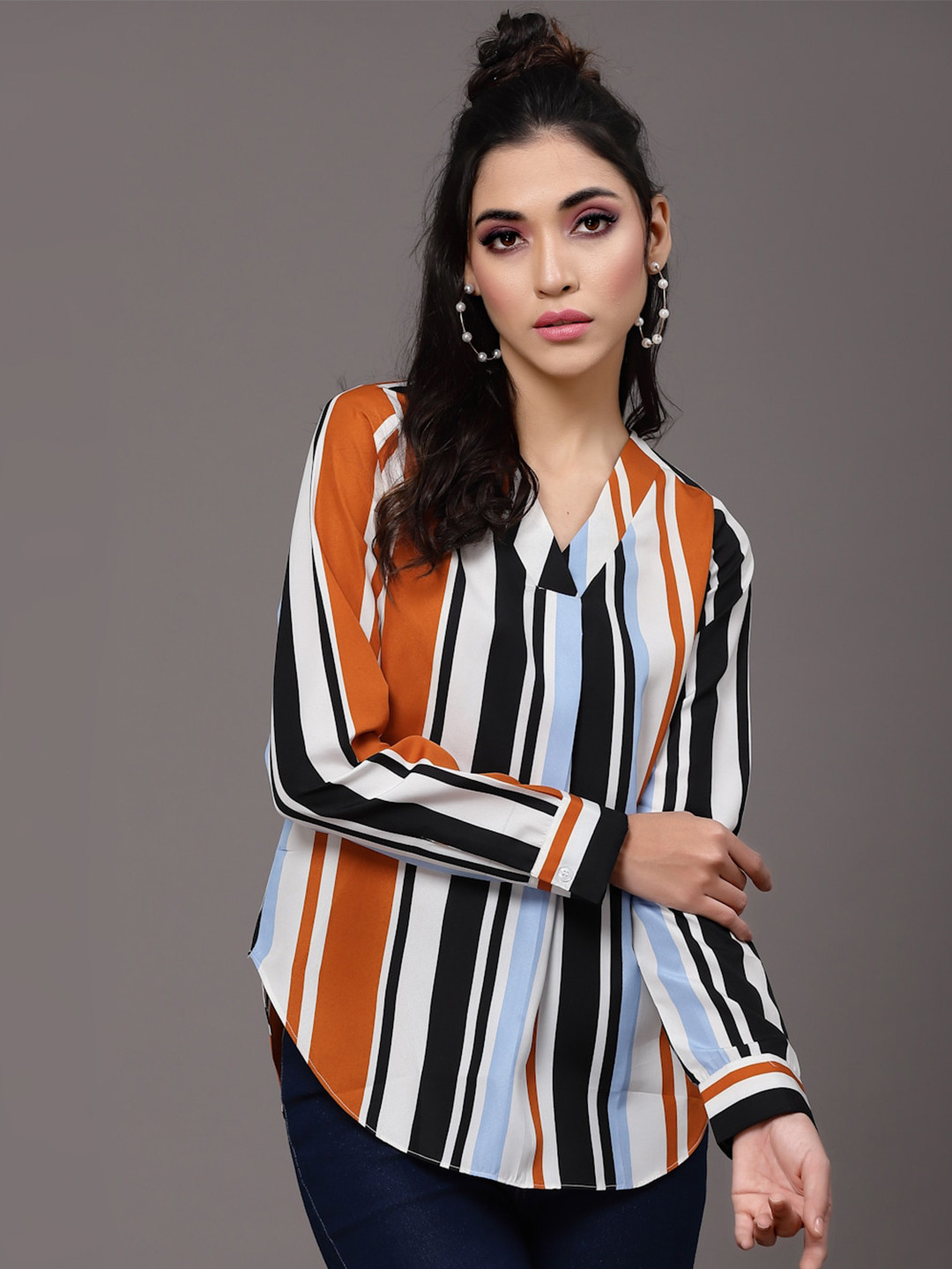 

Selvia Striped Crepe Shirt Style Top, White