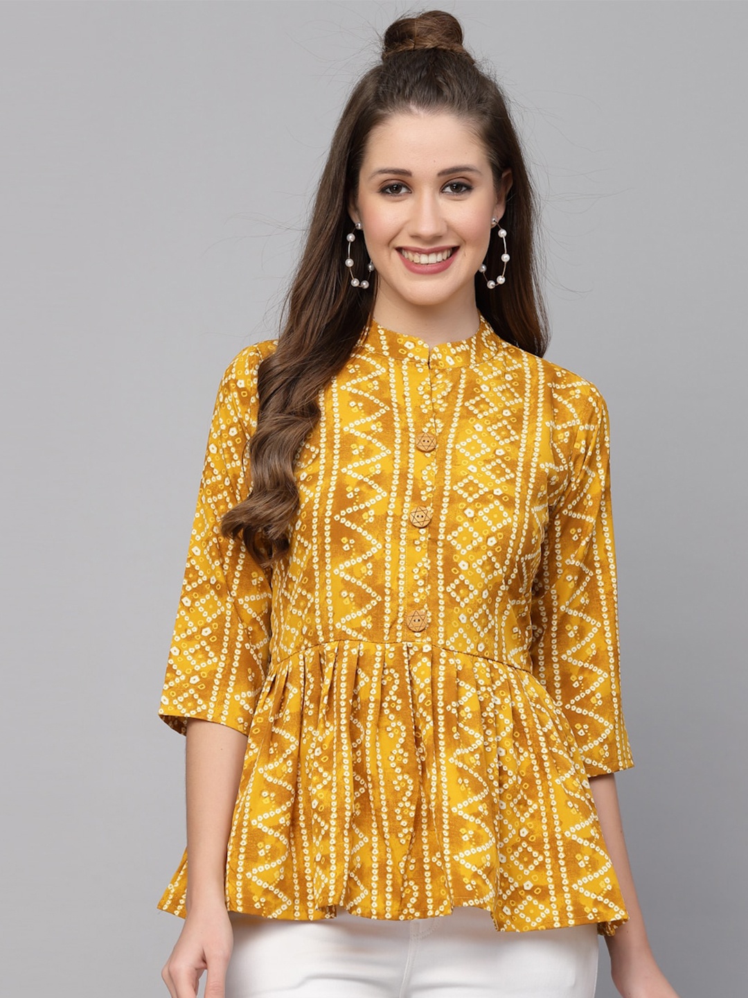 

Selvia Bandhni Print Mandarin Collar Crepe Peplum Top, Yellow