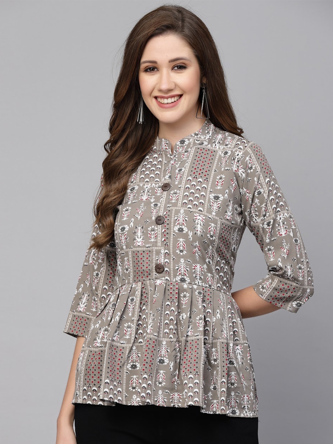 

Selvia Floral Print Mandarin Collar Crepe Peplum Top, Grey