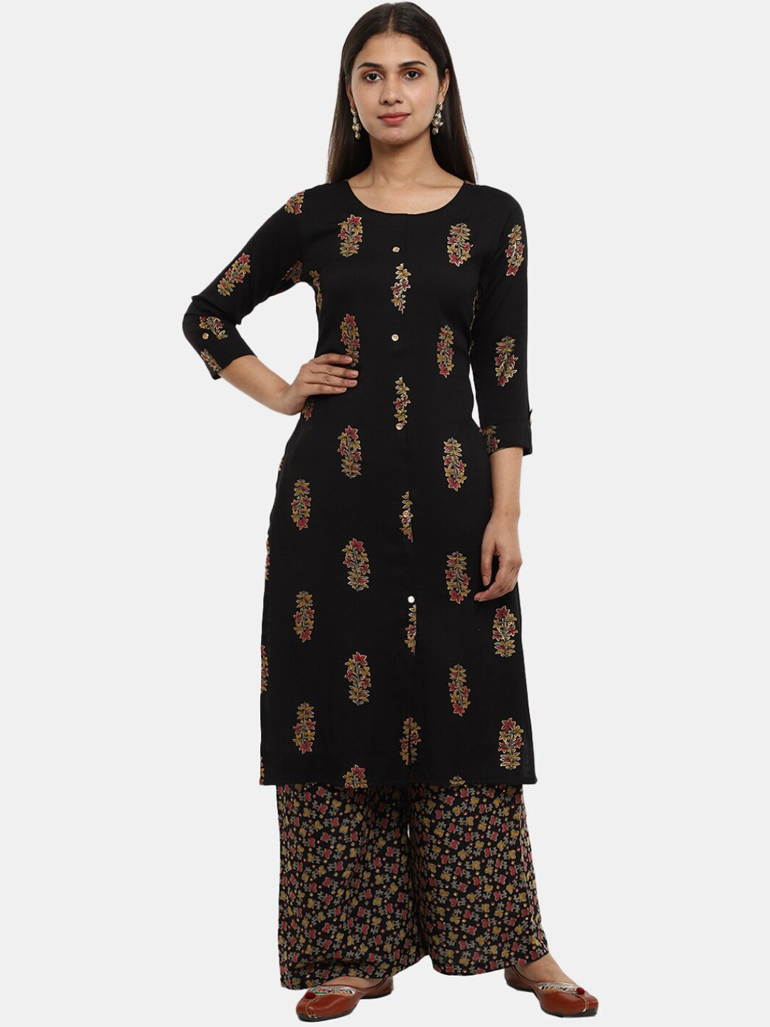 

V-Mart Floral Printed Kurta with Palazzos, Black