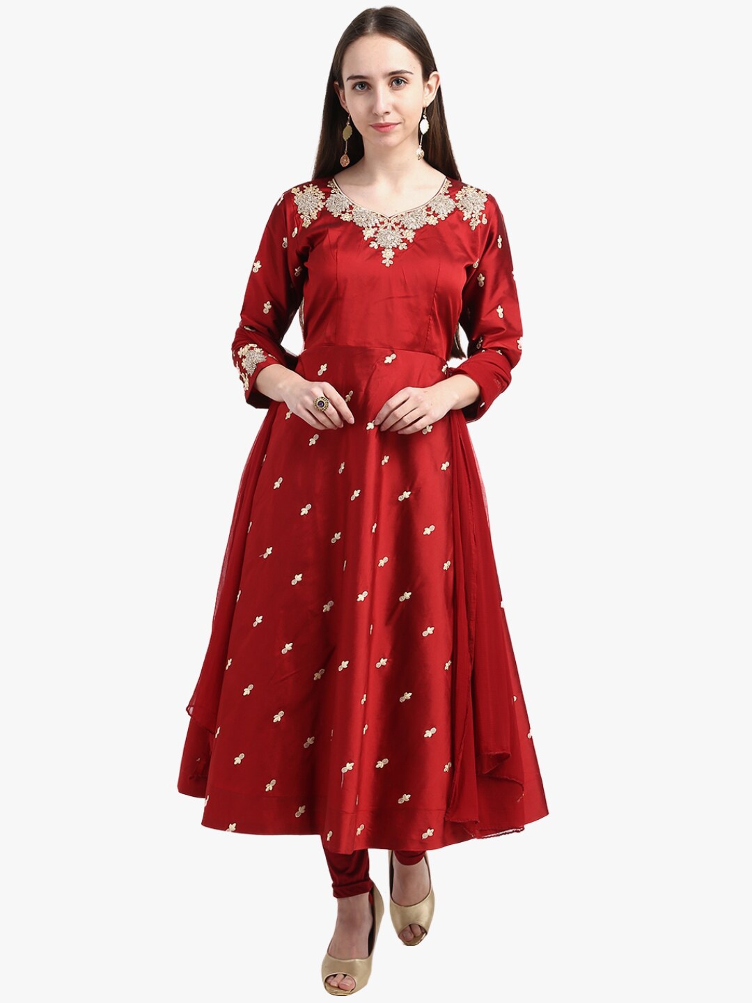 

V-Mart Floral Embroidered Zari Art Silk Anarkali Kurta with Leggings with dupatta, Red